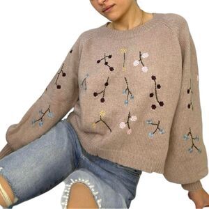 En Creme Floral Embroidered Balloon Sleeve Crewneck Brown Knit Sweater